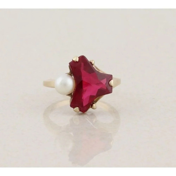 Unbranded Jewelry - 10k Yellow Gold Lab Created Ruby & Freshwater Pearl Ring Size 7 1/4
